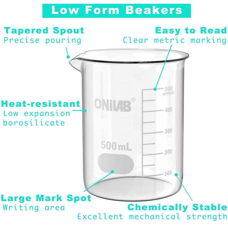 ONiLAB 8.5oz(250ml) Sturdy Glass Beaker, 3.3 Borosilicate Griffin Low Form with Printed Graduation, Pack of 6 13900250 - Image 2